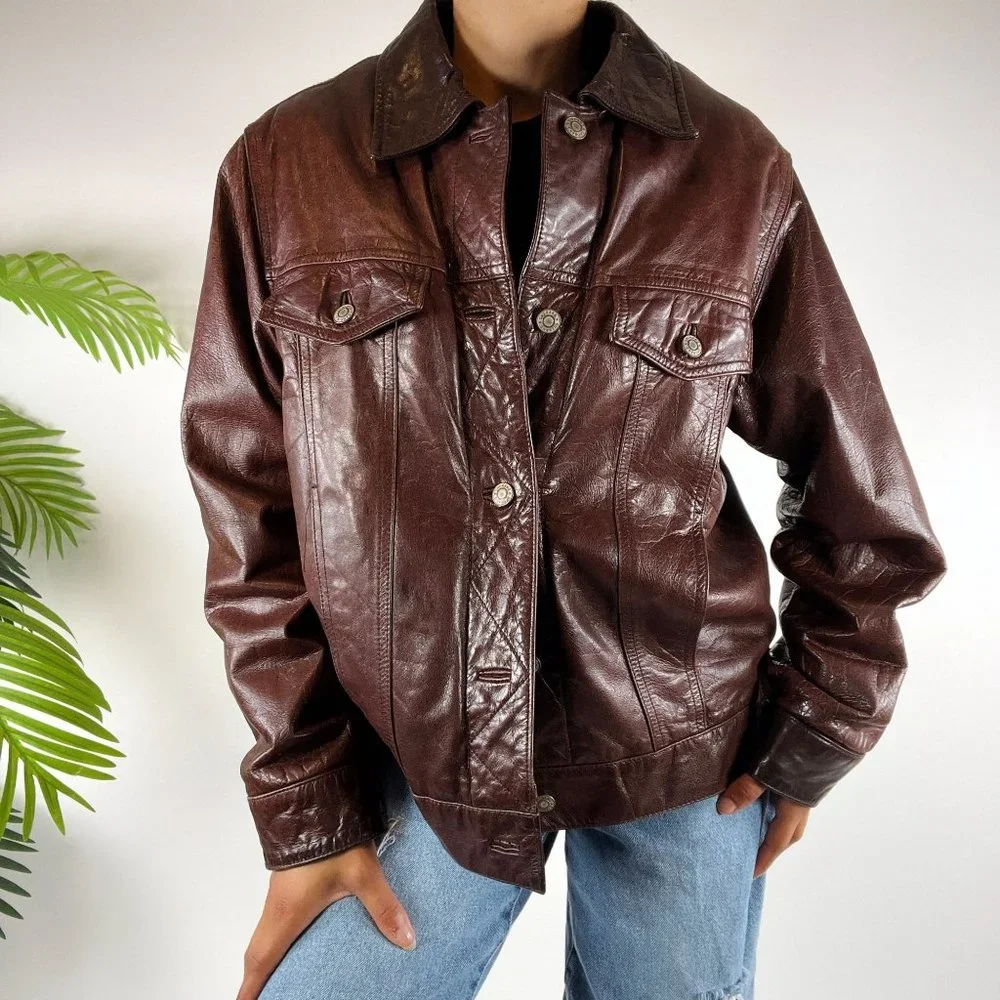 Vintage 90s Grunge Streetwear Brown Indie Biker Bomber Leather Jacket / Size: 2X - Picture 4 of 8